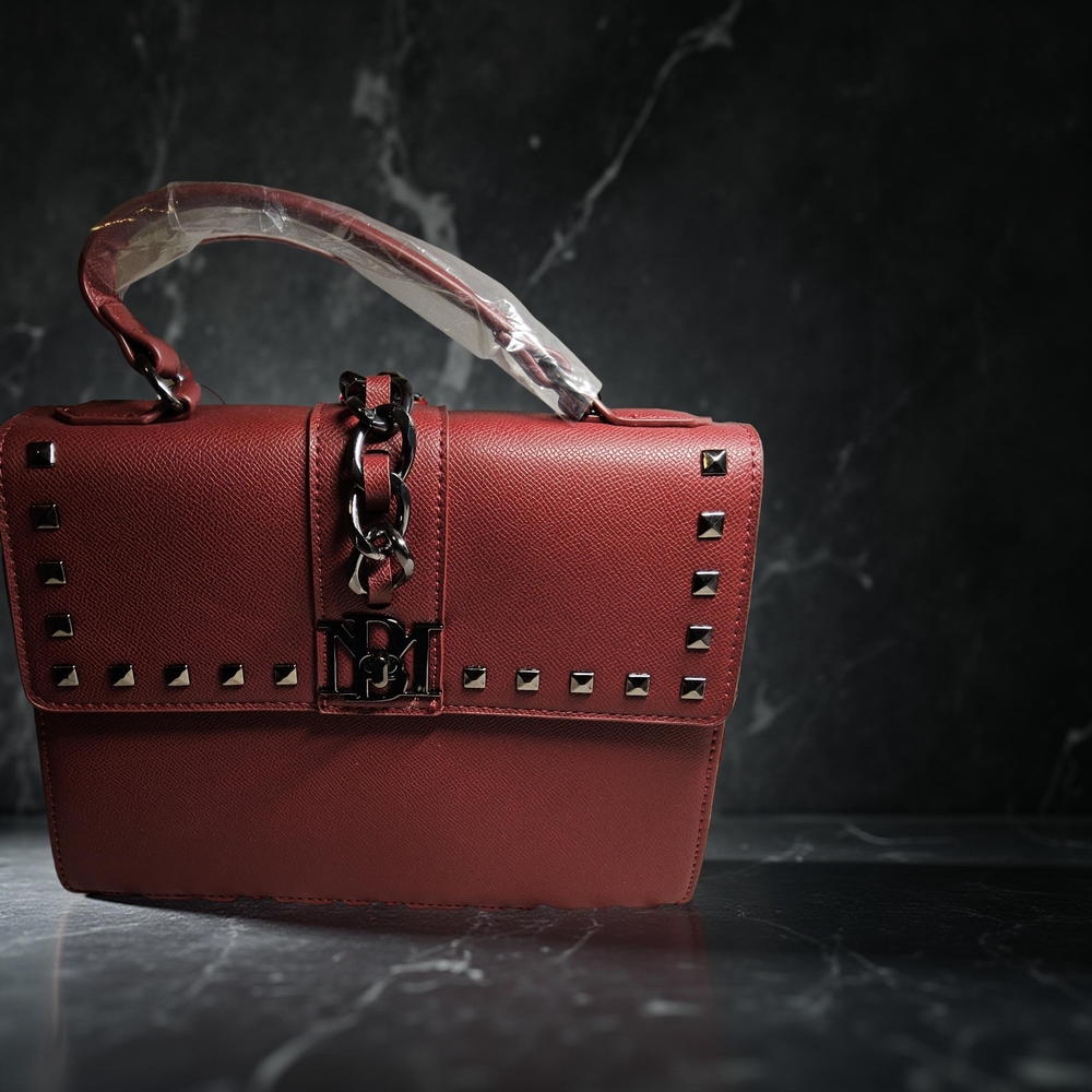 New Badgley Mischka Red Vegan Leather Crossbody Bag with Studded Detailing